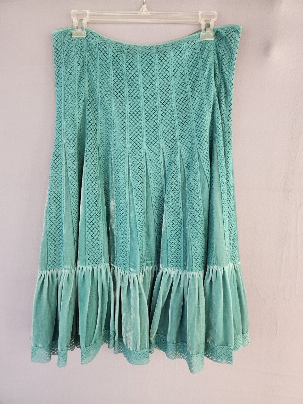 VINTAGE FREE PEOPLE TEAL VELVET & LACE PLEATED MIDI SKIRT SILK BLEND Y2K SIZE 12 - Picture 2 of 10
